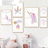 TPFLiving Poster Leinwand / Einhorn, Regenbogen, Sterne, Herz - Für Kinderzimmer - / Verschiedene Größen - OHNE Rahmen - Modell F